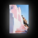 Mediterranean Steps, Coastal Wall Art, Santorini Print, Blue and Pink Decor, Travel Painting, Framed Canvas Print, Living Room Art