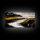 Golden Marsh, Ocean Landscape, Black and White Contrast, Nature Inspired, Minimalist Art, Framed Canvas Print, Bedroom Wall Decor