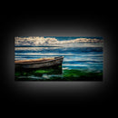 Lonely Boat, Ocean Painting, Nautical Home Decor, Framed Canvas Print, Coastal Wall Art, Blue Water Art, Beach House Art