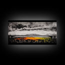 Train Bridge, Dramatic Sky, Mountains, Framed Canvas Print, Moody Landscape, Black and White Art, Rustic Decor, Office Wall Art