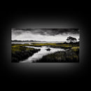 Marshland Scene, Serene Landscape, Black and White Nature Art, Modern Decor, Misty Grasslands, Living Room Artwork, Framed Canvas Print