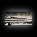 Moody Beach, Black White, Ocean Sunset, Canvas Print, Dramatic Seascape, Coastal Wall Art, Relaxing Home Decor, Living Room Artwork