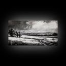 Winter Landscape, Black White, Scenic Country Road, Framed Canvas Print, Serene Nature Art, Rustic Wall Decor, Bedroom Artwork
