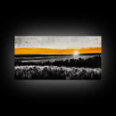 Sunrise Over Fields, Golden Light, Black and White Contrast, Tranquil Scene, Minimalist Wall Art, Warm Tones, Framed Canvas Print