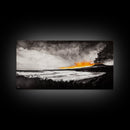 Volcano Eruption, Dramatic Landscape Art, Black and White Wall Art, Fiery Sunset Painting, Large Framed Canvas Print, Office Decor