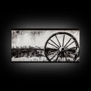 Wagon Wheel, Mountain Landscape, Black and White Western Art, Rustic Home Decor, Framed Canvas Print, Farmhouse Living Room Art