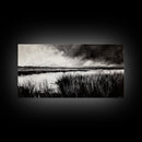 Marshland Landscape, Moody Black and White Art, Nature Wall Decor, Large Framed Canvas Print, Serene Wetlands Painting