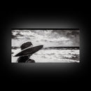 Woman at Beach, Black and White Wall Art, Minimalist Canvas Print, Modern Coastal Decor, Ocean View Art, Living Room Wall Art