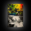 Waterfall Glow, Nature Art, Forest Landscape, Vibrant Painting, Modern Home Decor, Wilderness Retreat, Fall Wall Art, Framed Canvas Print