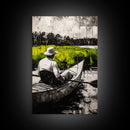 Kayaker River Scene, Black White Green Landscape, Peaceful Nature Art, Adventure Outdoor Wall Decor, Rustic Cabin Gift, Canvas Print