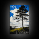 Lone Tree, Coastal Sunset, Blue Sky Painting, Black and White Landscape, Nature Art, Modern Wall Decor, Framed Canvas Print, Tranquil Mood