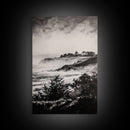 Misty Coast, Black White Art, Framed Canvas Print, Coastal Landscape, Foggy Ocean, Living Room Art, Nautical Decor, Monochrome Art