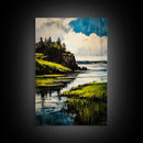 Lake Serenity, Peaceful Waters, Scenic Landscape, Nature Wall Art, Vibrant Green and Blue, Framed Canvas Print, Relaxing Home Decor