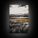 Golden Meadow, Black and White Landscape with Yellow Accents, Minimalist Nature Wall Art, Framed Canvas Print, Living Room or Office Decor