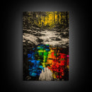Forest Reflection, Black and White with Vibrant Colors, Abstract Waterfall Painting, Framed Canvas Print, Nature Lover’s Wall Art