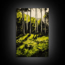 Forest Scene, Green Woodland Art, Sunlit Trees Print, Serene Nature Wall Decor, Cozy Cabin Art, Framed Canvas Print, Rustic Home Decor