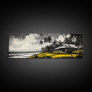Tropical Beach House, Coastal Landscape Painting, Black and White Palm Tree Print, Island Wall Decor, Relaxing Canvas Print, Framed Canvas Print