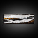 Snowy River Artwork, Mountain Landscape Painting, Rustic Winter Decor, Black and White Wall Art, Nature Print, Living Room Art, Canvas Print