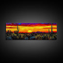 Desert Sunset Art, Vibrant Cactus Painting, Warm Boho Landscape, Southwestern Wall Decor, Bold Nature Print, Framed Canvas Print