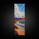 Peaceful Shoreline, Colorful Sunset, Framed Canvas Print ocean waves art, colorful sunset beach painting, vibrant sky seascape, nature art