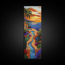 Sunset, Palms, Cactus, Stream - Framed Canvas Print, Tropical Desert Wall Art, Southwest Coastal Decor, Colorful Living Room Boho Painting