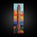 Totem, Ocean, Sunset, Whimsy - Framed Canvas Print, Coastal Totem Wall Art, Whimsical Beach House Decor, Colorful Folk Art Living Room Style