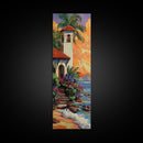 Seaside, Villa, Sunset, Palms, Framed Canvas Print, Coastal tropical wall art, beach house decor, boho living room painting, colorful home vibes