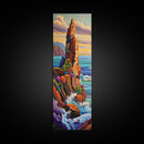 Cliff, Ocean, Wildflowers, Waves, Framed Canvas Print, Coastal nature wall art, vibrant landscape decor, colorful living room painting