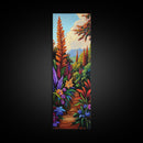 Jungle, Pathway, Tropical, Florals, Framed Canvas Print vibrant rainforest trail painting boho nature themed hallway or office wall art