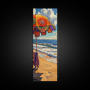 Beach, Umbrella, Waves, Retro Summer Vibes Coastal Framed Canvas Print, Colorful Ocean Wall Art, Beach House Decor, Living Room Art