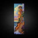 Tower, Steps, Ocean, Chapel, Framed Canvas Print, Vibrant Seaside Wall Art, Entryway Decor, Coastal Sunset Scene