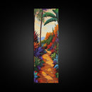 Tropical Pathway, Palms, Jungle Walkway Framed Canvas Print, Bohemian Wall Art, Bedroom Botanical Decor, Vibrant Nature Illustration
