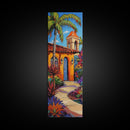 Spanish Villa, Garden, Tropical House Framed Canvas Print, Southwestern Wall Decor, Vibrant Living Room Art, Colorful Home Scene