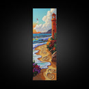 Lighthouse Beach, Nautical, Sunset Glow Framed Canvas Print, Ocean Wall Art, Coastal Living Room Decor, Seaside Boho Painting