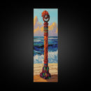 Coastal Totem, Bold, Art, Framed Canvas Print tropical tribal decor, ocean beach vibes, colorful surfside pole painting, seaside living room
