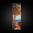 Trees Shoreline,Sunset,Serene — Framed Canvas Print, coastal nature wall art, tropical autumn decor, landscape painting, living room artwork