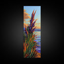 Feather Grass, Sunset Field, Colorful Coastal Landscape, Framed Canvas Print, Boho Bedroom Wall Art, Nature Inspired Living Room Decor