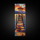 Sunset Pier, Pathway, Landscape, Framed Canvas Print, Coastal Wall Art, Sunset Beach Decor, Living Room Art, Colorful Landscape Painting