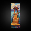 Colorful Pier, Archway, Water — Framed Canvas Print of a vibrant pier scene, coastal wall art, boho lake house decor, office accent