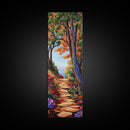 Autumn Pathway, Forest, Nature — Framed Canvas Print of scenic forest path with fall trees, cozy rustic living room wall decor, woodland art