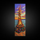 Vibrant Campfire, Sunset Beach – Colorful Beach Bonfire Painting, Fall Outdoor Wall Art, Framed Canvas Print, Cabin Living Room Style
