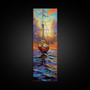 Pirate Ship, Sunset Ocean, Framed Canvas Print, nautical wall art, sailing adventure painting, moody seascape decor, office or den wall art