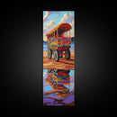 Wagon Reflection, Beach Vibrant, Framed Canvas Print, Colorful bohemian coastal art, living room decor, whimsical wall painting