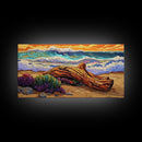 Coastal Driftwood, Waves, Sunset, Framed Canvas Print, ocean beach decor, colorful seascape, tropical wall art, living room wall art