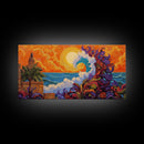 Ocean Wave, Sunset, Lighthouse, Framed Canvas Print vibrant coastal art, whimsical seascape painting, tropical decor, beach wall art