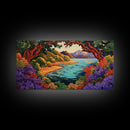 Colorful Coastal, Framed, Bright tropical coastal landscape view with water and foliage, Framed Canvas Print, living room wall art
