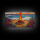 Fire Beach, Ocean, Framed Canvas Print, Sunset Beach Bonfire Painting, Vibrant Coastal Campfire Wall Art, Boho Living Room Decor