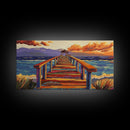 Pier Ocean, Sunset, Vibrant sunset over colorful pier walkway into the sea, Framed Canvas Print, coastal living decor