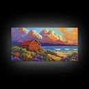 Cabin by Ocean, Colorful Beach Sunset, Cloudy Sky Art, Canvas Print, Autumn Wall Decor, Cozy Living Room Art, Rustic Coastal Scene