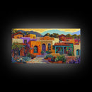 Colorful Adobe Homes, Desert Village Scene, Southwest Art Style, Canvas Print, Boho Wall Decor, Vibrant Courtyard Painting